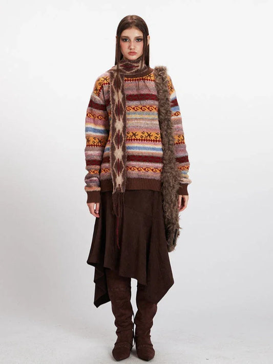 Vintage Fair Isle Striped Knit Sweater - TEVQA