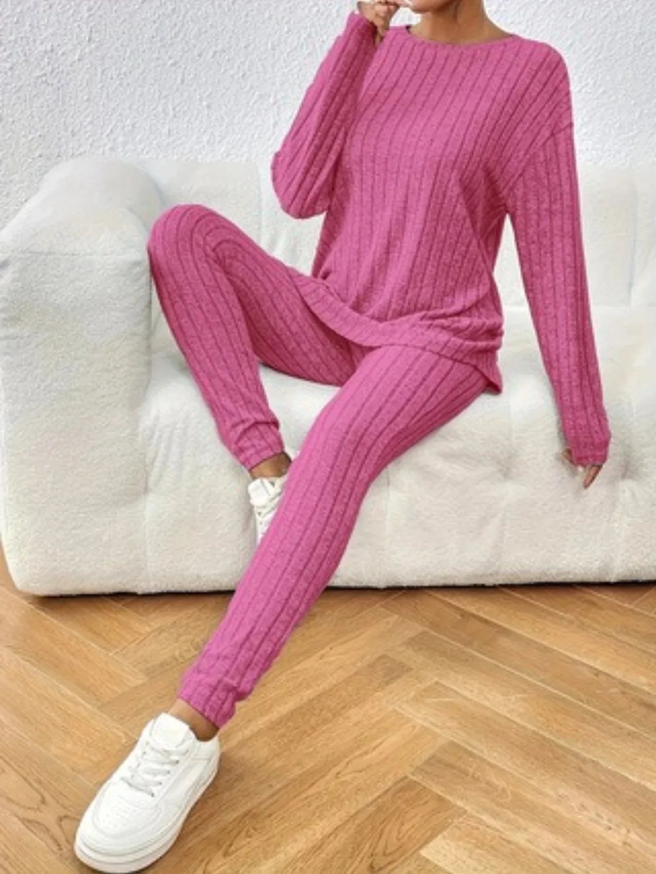 Ribbed Knit Lounge Set - View 6 | TEVQA