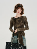 Vintage Tie-Dye Asymmetrical Long Sleeve Top Brown