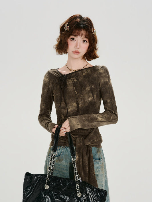 Vintage Tie-Dye Asymmetrical Long Sleeve Top Brown