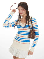 Striped V-Neck Cable Knit Sweater - View 6 | TEVQA