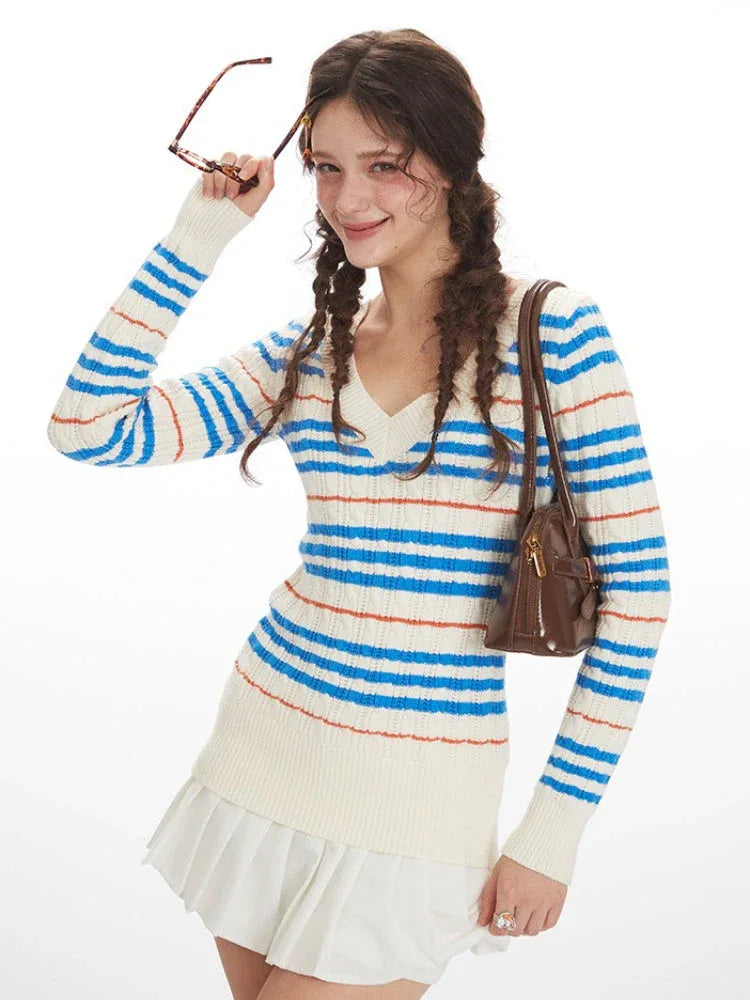 Retro Striped V-Neck Cable Knit Sweater - TEVQA