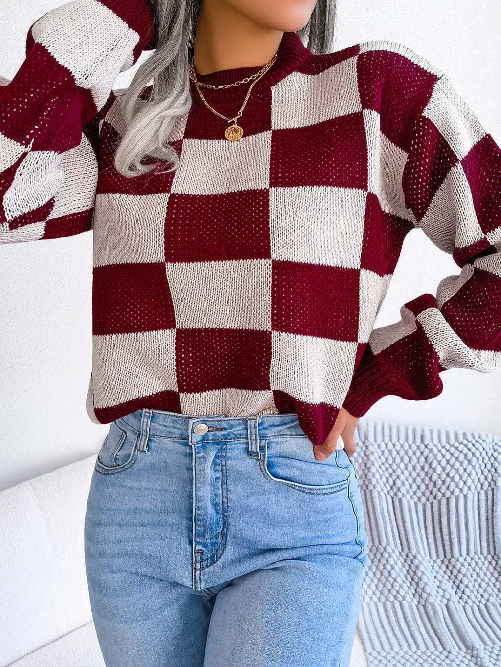 Black and white checkerboard knit mock neck sweater - View 14 | TEVQA