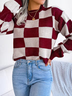 Black and white checkerboard knit mock neck sweater - View 14 | TEVQA