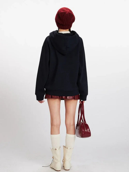 Navy Speckled Apple Button Hoodie - TEVQA