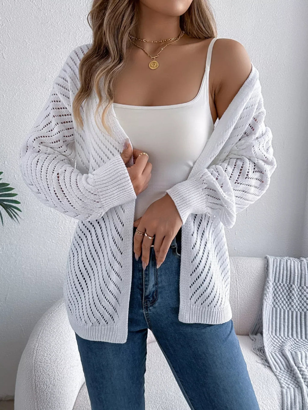 Ethereal White Pointelle Knit Cardigan - View 6 | TEVQA