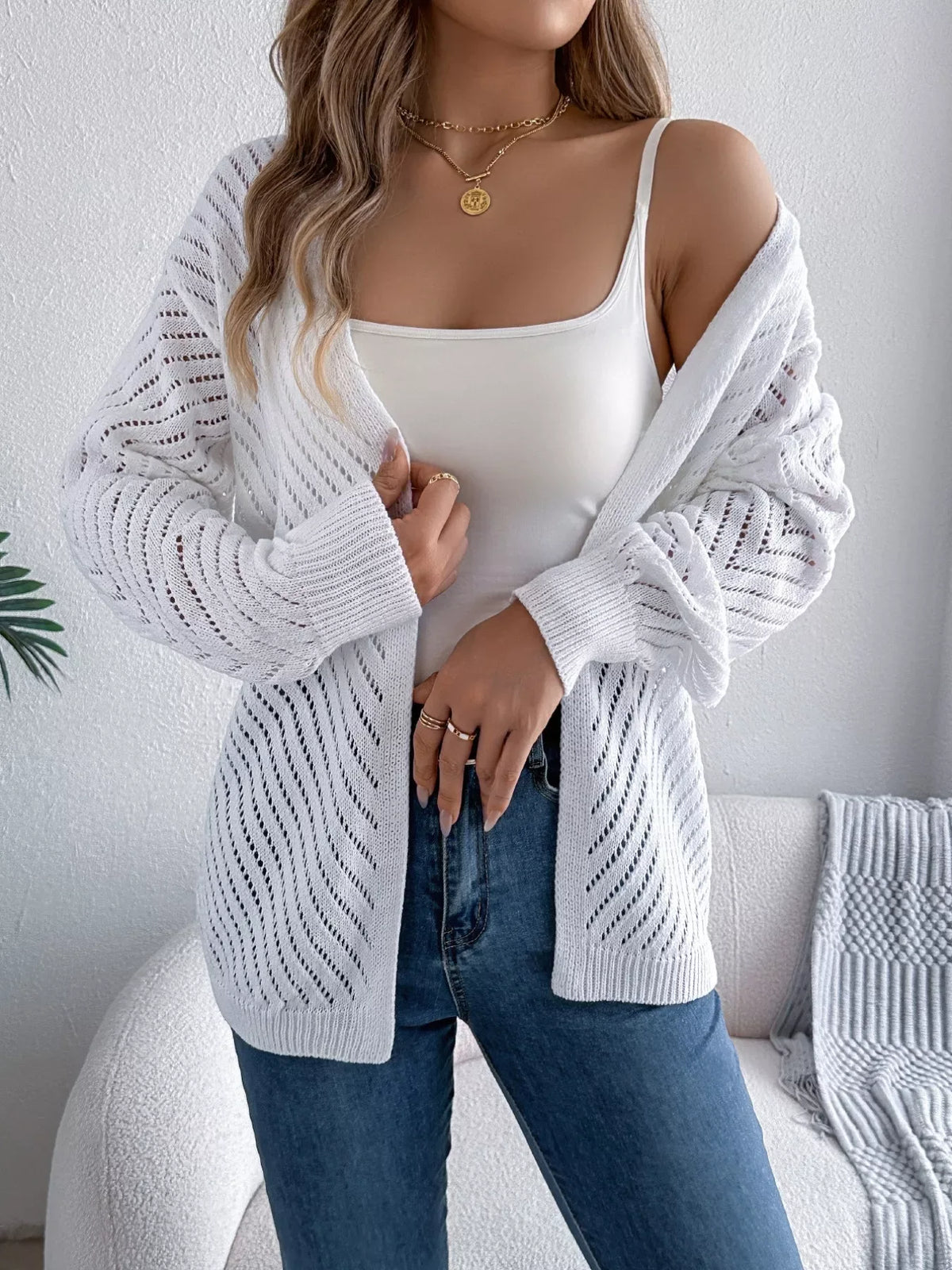 Ethereal White Pointelle Knit Cardigan - View 6 | TEVQA