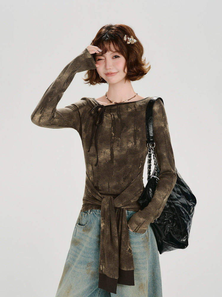 Vintage Tie-Dye Asymmetrical Long Sleeve Top Brown