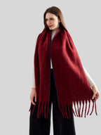 Women's Heavyweight Faux Mohair Scarf with Contrast Whipstitch Trim & Long Fringe - Burgundy