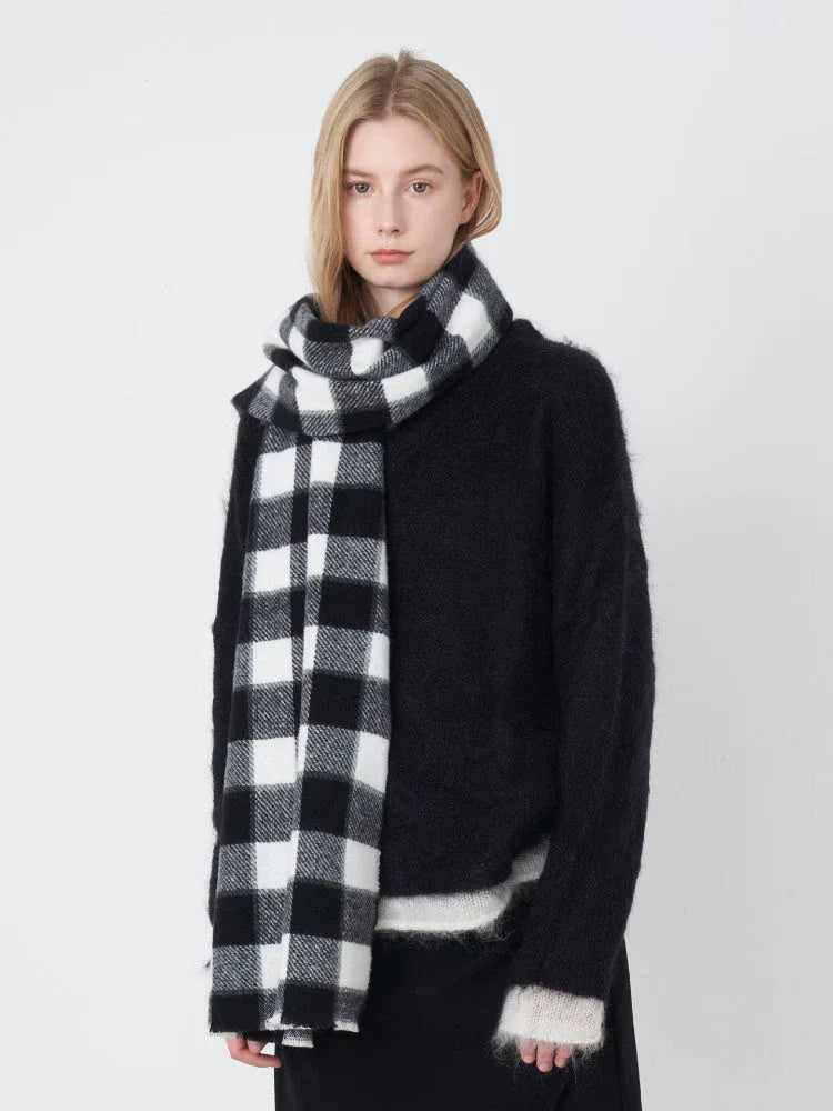 Unisex Black & White Buffalo Plaid Scarf - TEVQA