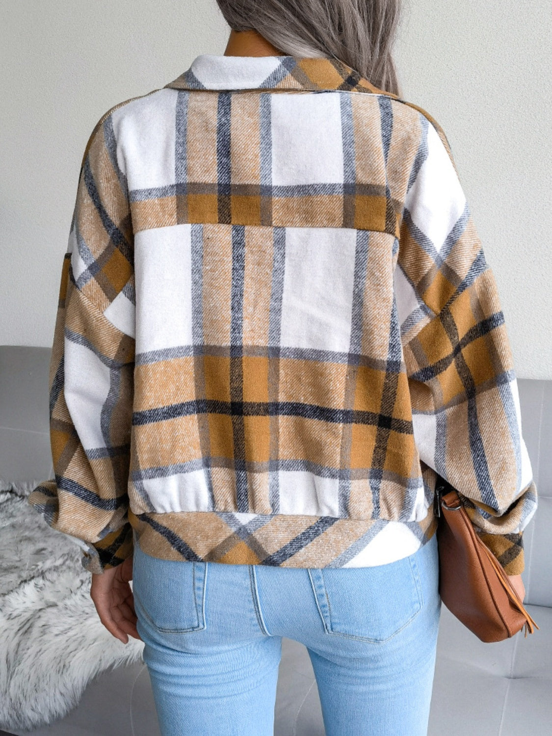 Plaid Wool Blend Lantern Sleeve Cropped Shacket