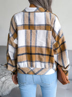 Plaid wool blend cropped shacket with lantern sleeves - View 7 | TEVQA