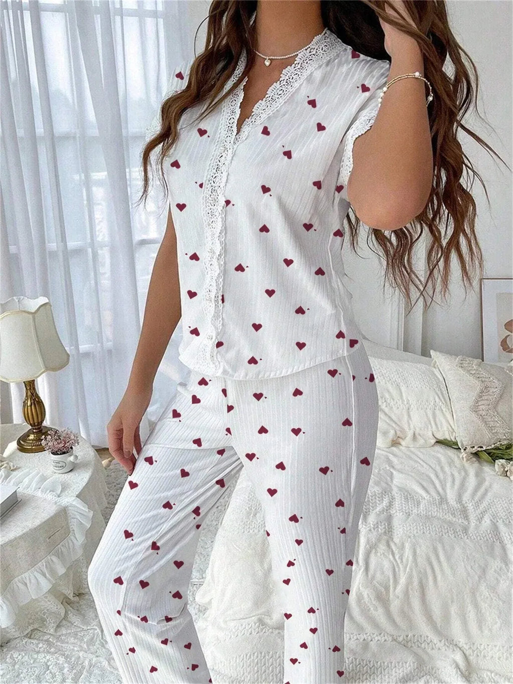Cherry print ribbed pajama set with lace trim - View 8 | TEVQA