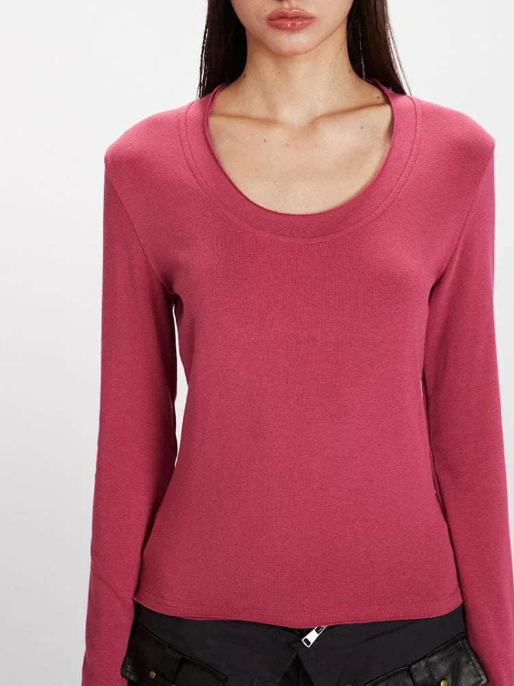 90s Minimalist U-Neck Long Sleeve Top - TEVQA