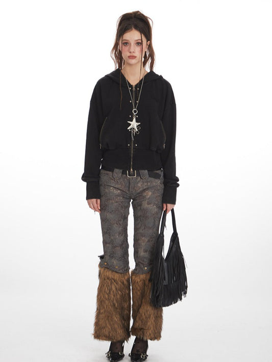 Grunge Y2K Distressed Cropped Zip-Up Hoodie