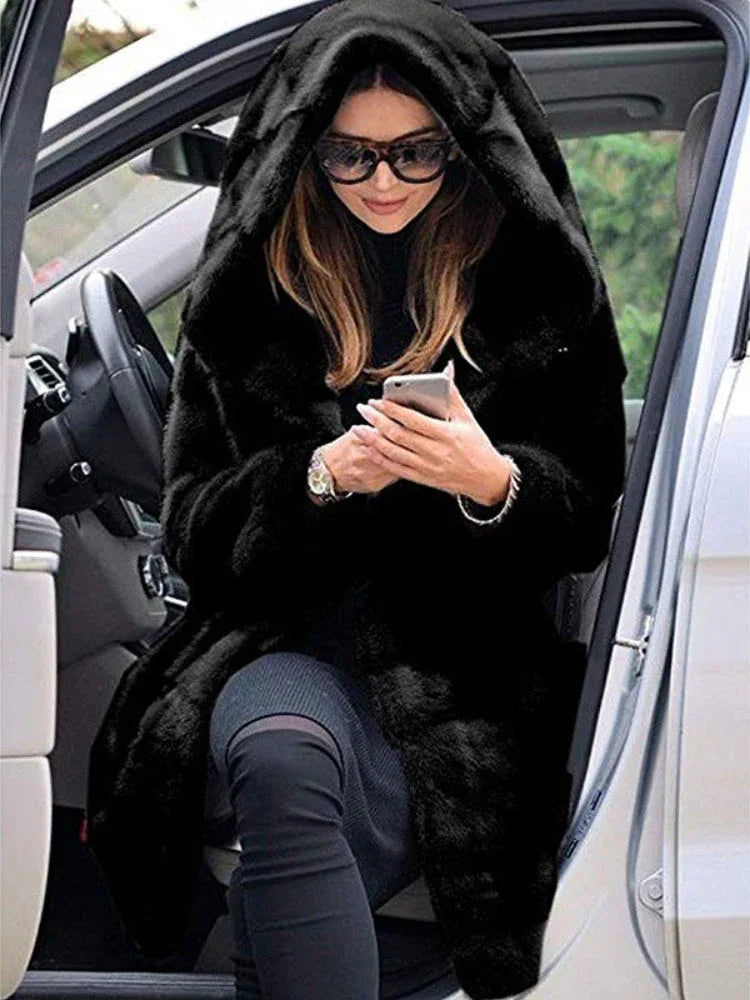 Aspen Luxe Hooded Faux Fur Mid-Length Coat - TEVQA