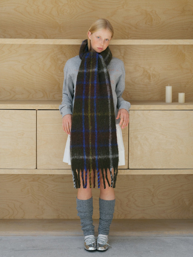 Oversized Wool Blend Plaid Scarf with Chunky Fringe