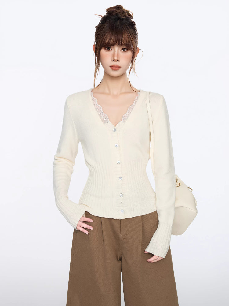 White Lace Trim V-Neck Knit Cardigan Slim Fit Top