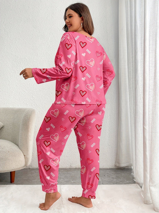 Plus Size Pink Heart Print Jogger Pajama Set