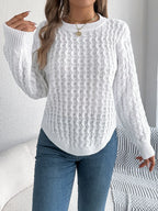 Camel Cable Knit Curved Hem Sweater - TEVQA