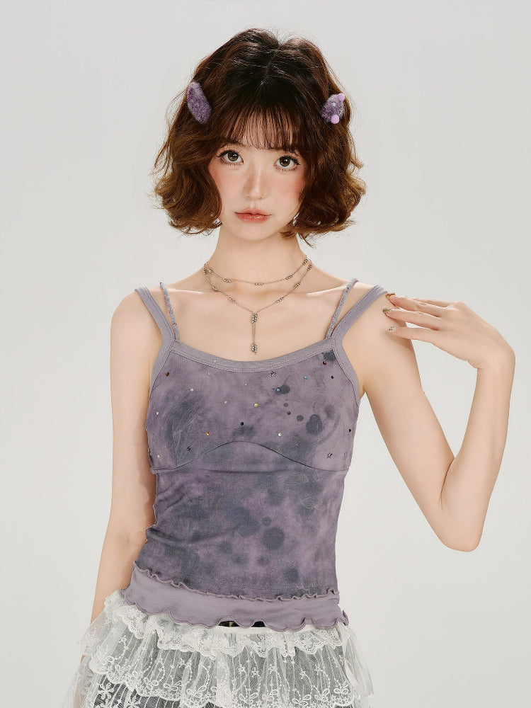 Tie-Dye Rhinestone Lettuce Hem Camisole - Purple