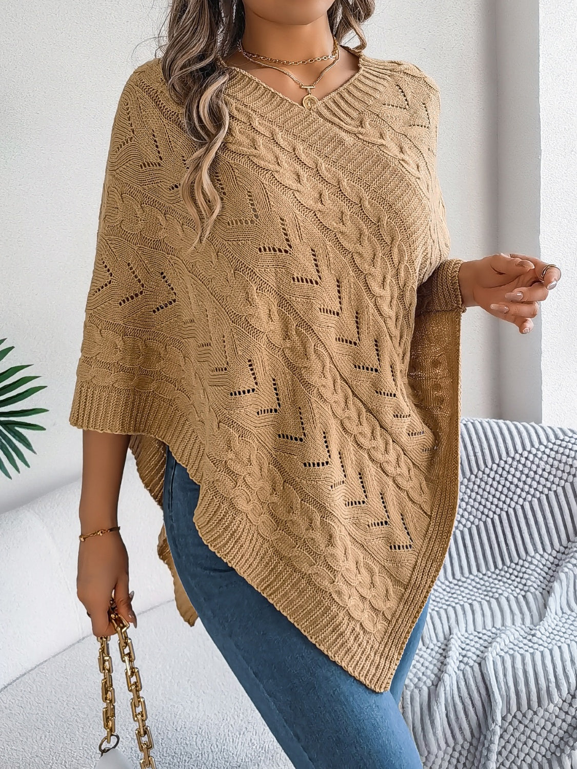 Cable-Knit Openwork Three-Quarter Sleeve Sweater OutfitFlow