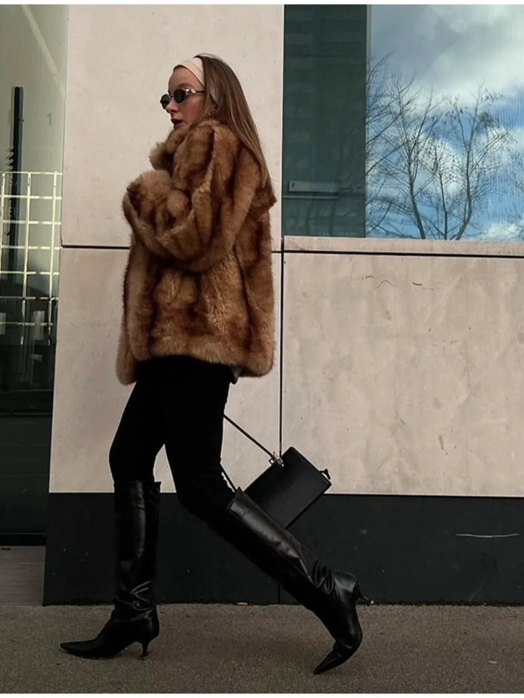 Brown Faux Fur Cropped Jacket - View 6 | TEVQA
