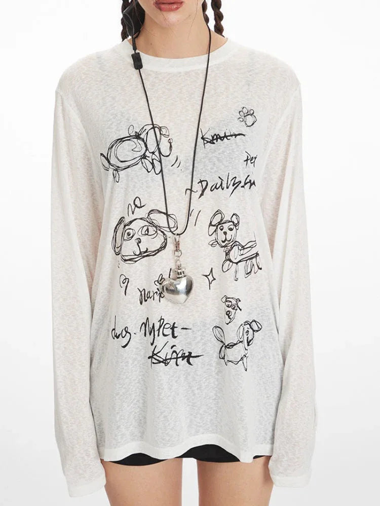 White Sheer Sketch Print Long Sleeve Tee - TEVQA