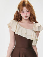 Ruffled One-Shoulder Swimsuit Brown