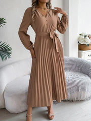 Vintage Khaki V-Neck Pleated Maxi Dress - TEVQA
