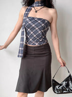 Blue Plaid Tube Top and Matching Scarf Set