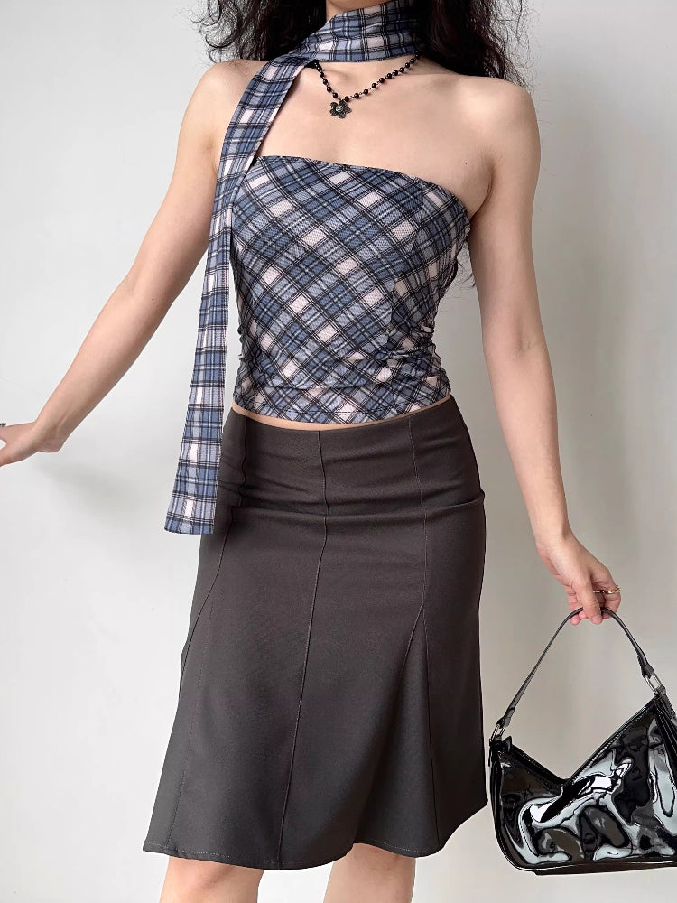 Blue Plaid Tube Top and Matching Scarf Set