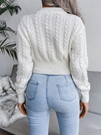 White Cable Knit Cinched Waist Crop Sweater - TEVQA