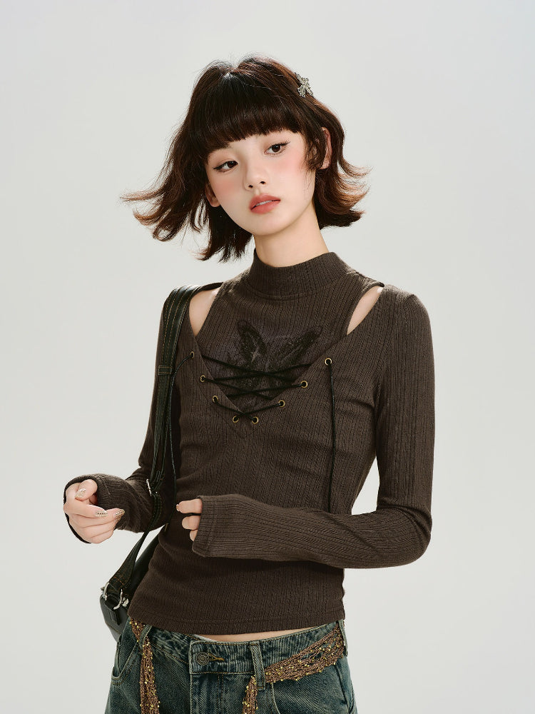 Model wearing a brown long-sleeved ribbed top with cut-out shoulders and a lace-up front, paired with distressed jeans and a crossbody bag.