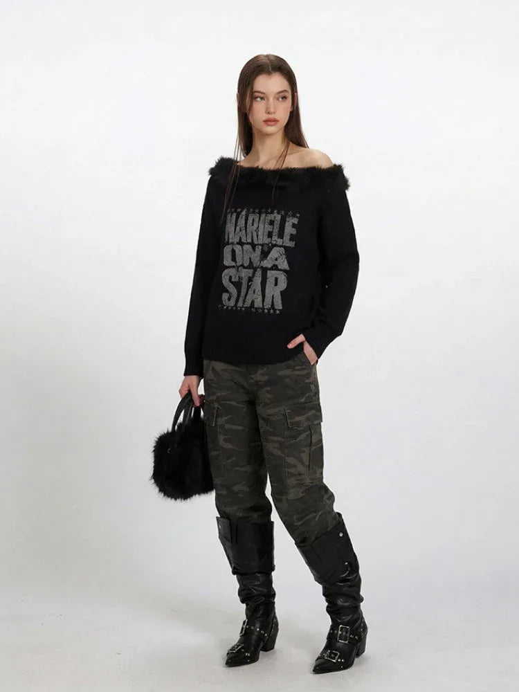 Y2K Grunge Faux Fur Trim Off-Shoulder Sweater - TEVQA Secondary image