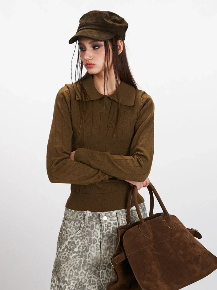 Vintage Brown Ribbed Knit Polo Sweater - TEVQA