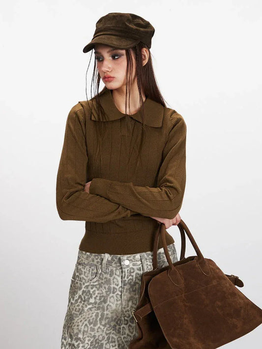 Vintage Brown Ribbed Knit Polo Sweater - TEVQA