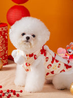 Dog wearing a red and gold New Year tang suit vest with faux fur trim and Chinese knot buttons. - View 6 | TEVQA