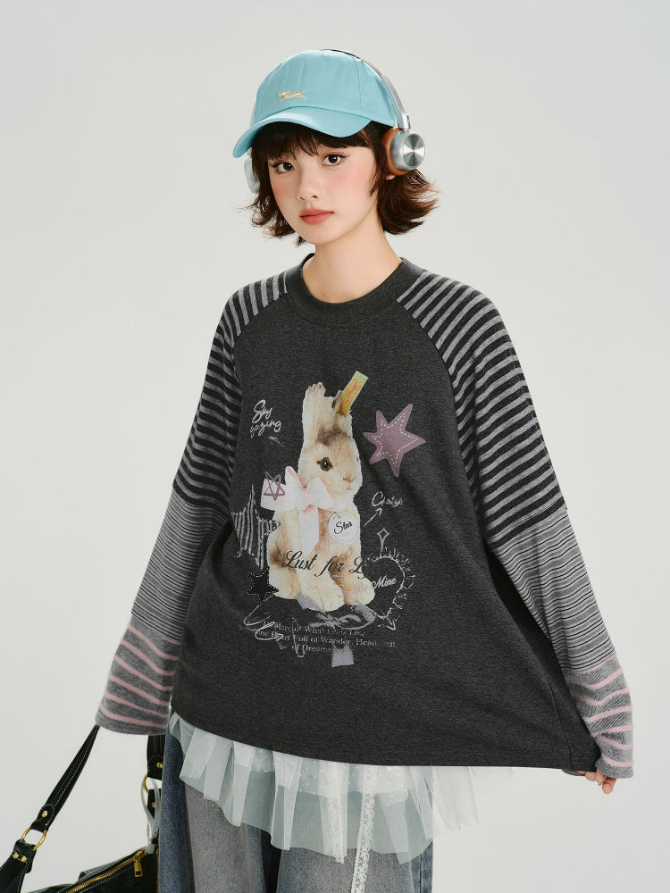 Vintage Graphic Striped Raglan Long Sleeve Tee - Charcoal