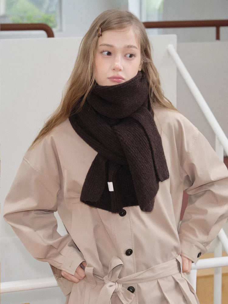 Dark Brown Wool Blend Ribbed Knit Scarf