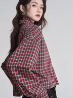 Red Plaid Drop Shoulder Cropped Button Shirt