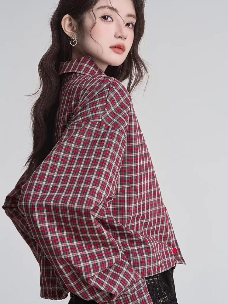 Red Plaid Drop Shoulder Cropped Button Shirt