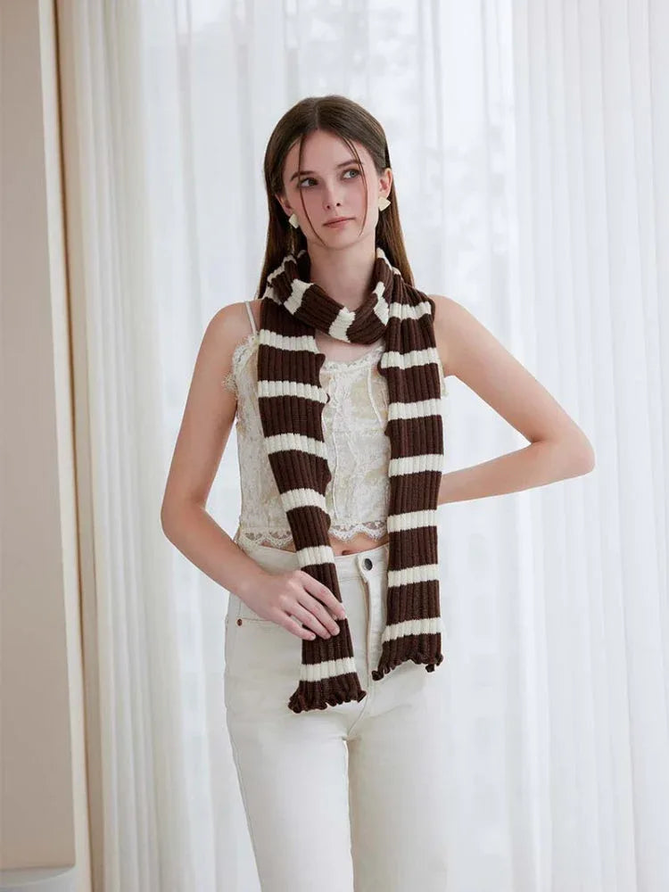 Extra Long Striped Ruffle Skinny Scarf - TEVQA
