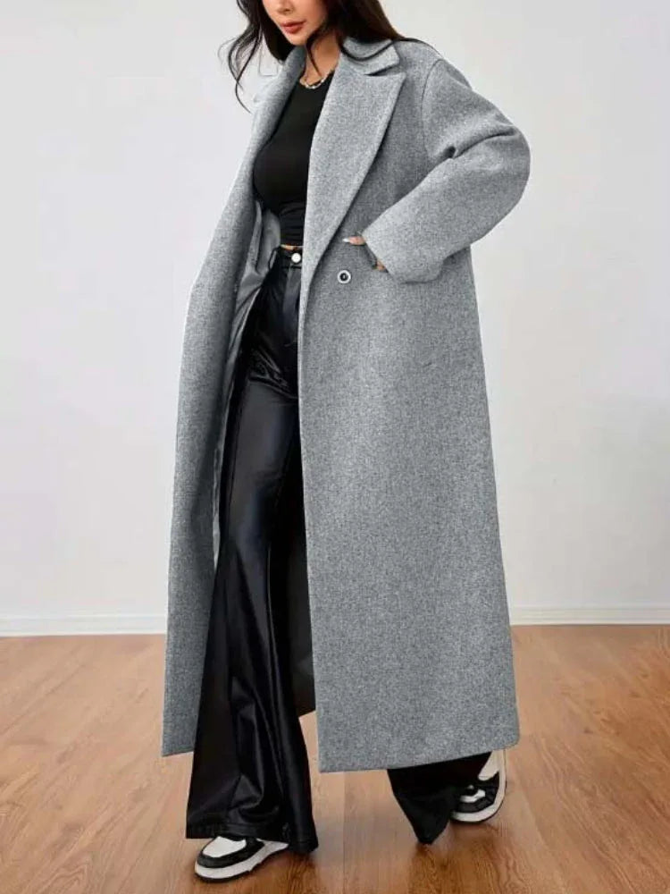 The Manhattan Grey Oversized Lapel Long Coat - TEVQA
