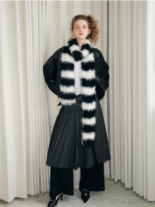 Black White Striped Faux Fur Knit Scarf