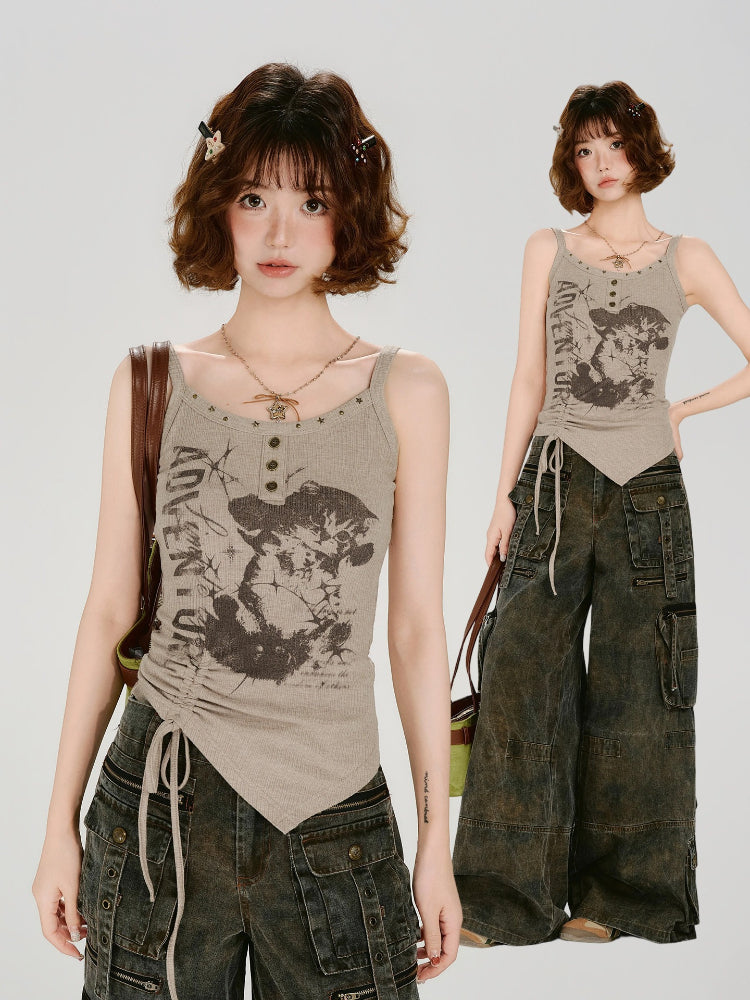 Vintage Graphic Ribbed Tank with Side Drawstring - Khaki