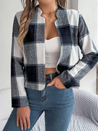 Navy blue plaid cropped jacket - View 6 | TEVQA