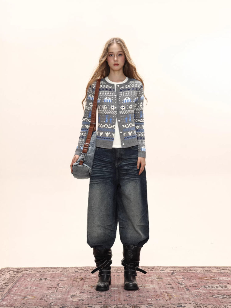 Women's Fair Isle Pattern Knit Cardigan Crew Neck