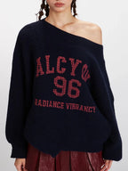 Vintage Collegiate Navy Off-Shoulder Graphic Sweater - TEVQA