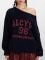 Vintage Collegiate Navy Off-Shoulder Graphic Sweater - TEVQA